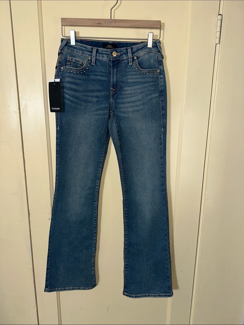True Religion Women's Medium Blue Flare Jeans with Studded Pockets